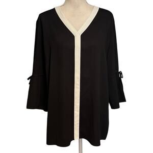 Misook Size L Tunic Top Blouse V Neck Split Bell Sleeves Black White Minimal